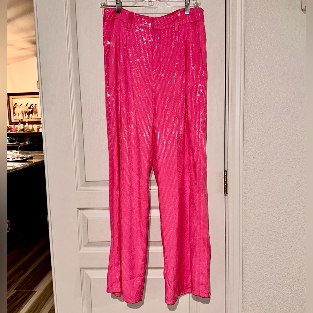 Gorgeous hot pink sequin pants. 
Sparkly and fun!